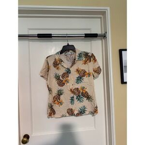 Two Palms Hawaiian Shirt Pineapple Print Short Sleeve‎ Button Up Beige M